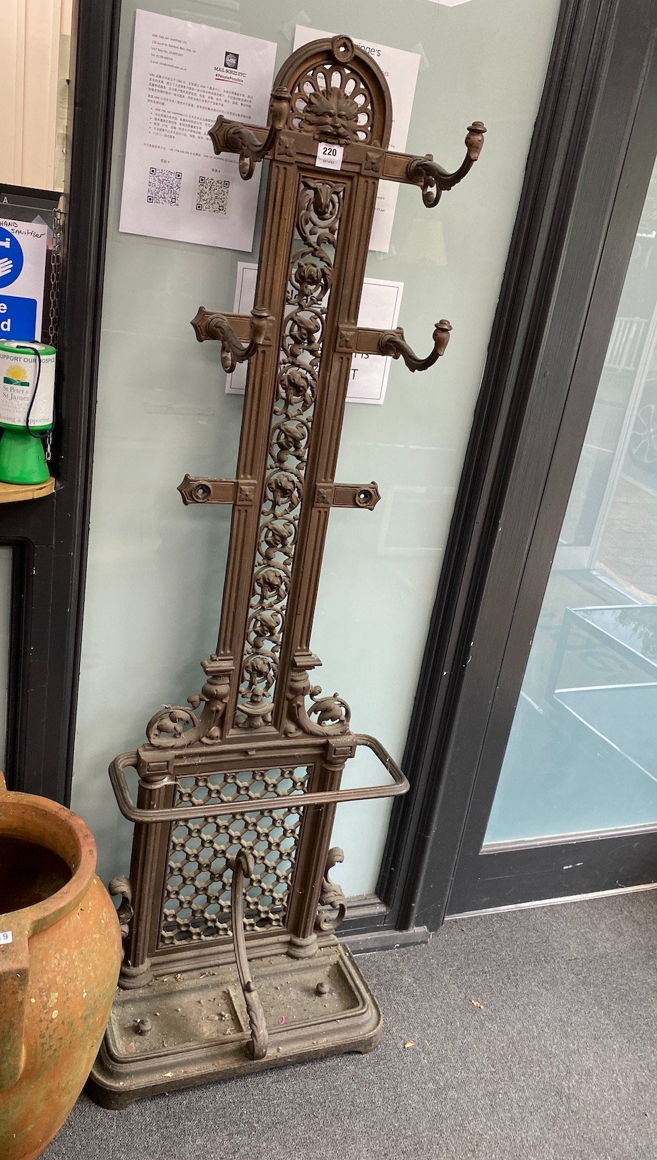 A Victorian Coalbrookdale cast iron hall stand, width 60cm, height 178cm
